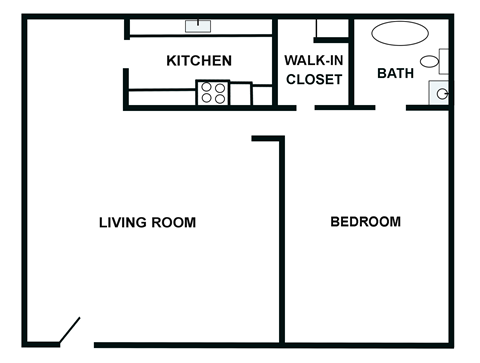 Floor plan for 1 bed, 1 bath, 585 sqft